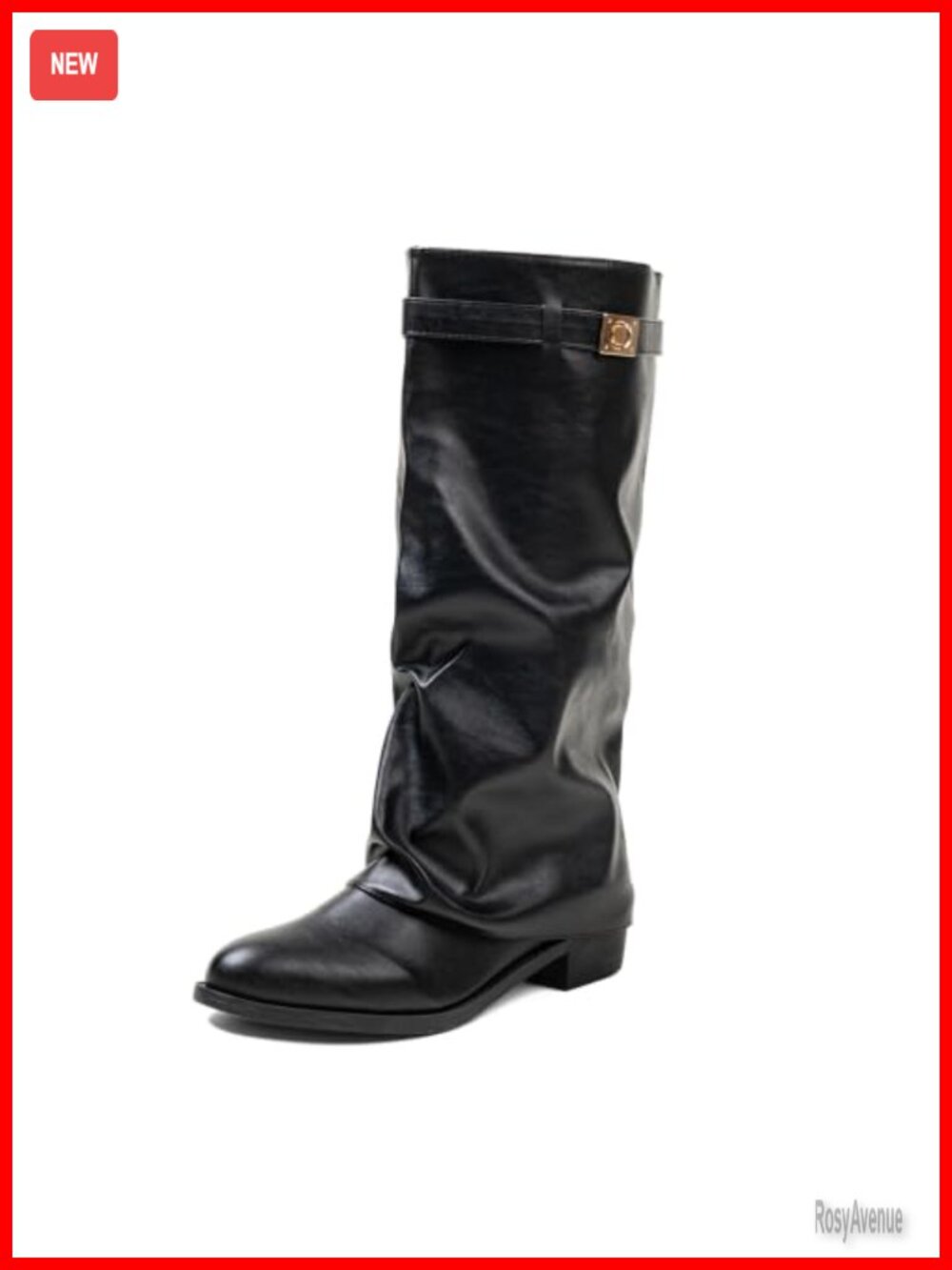 Women's Slouchy Faux Leather Knee-High Fold Over Boots Wide Calf Block Heel